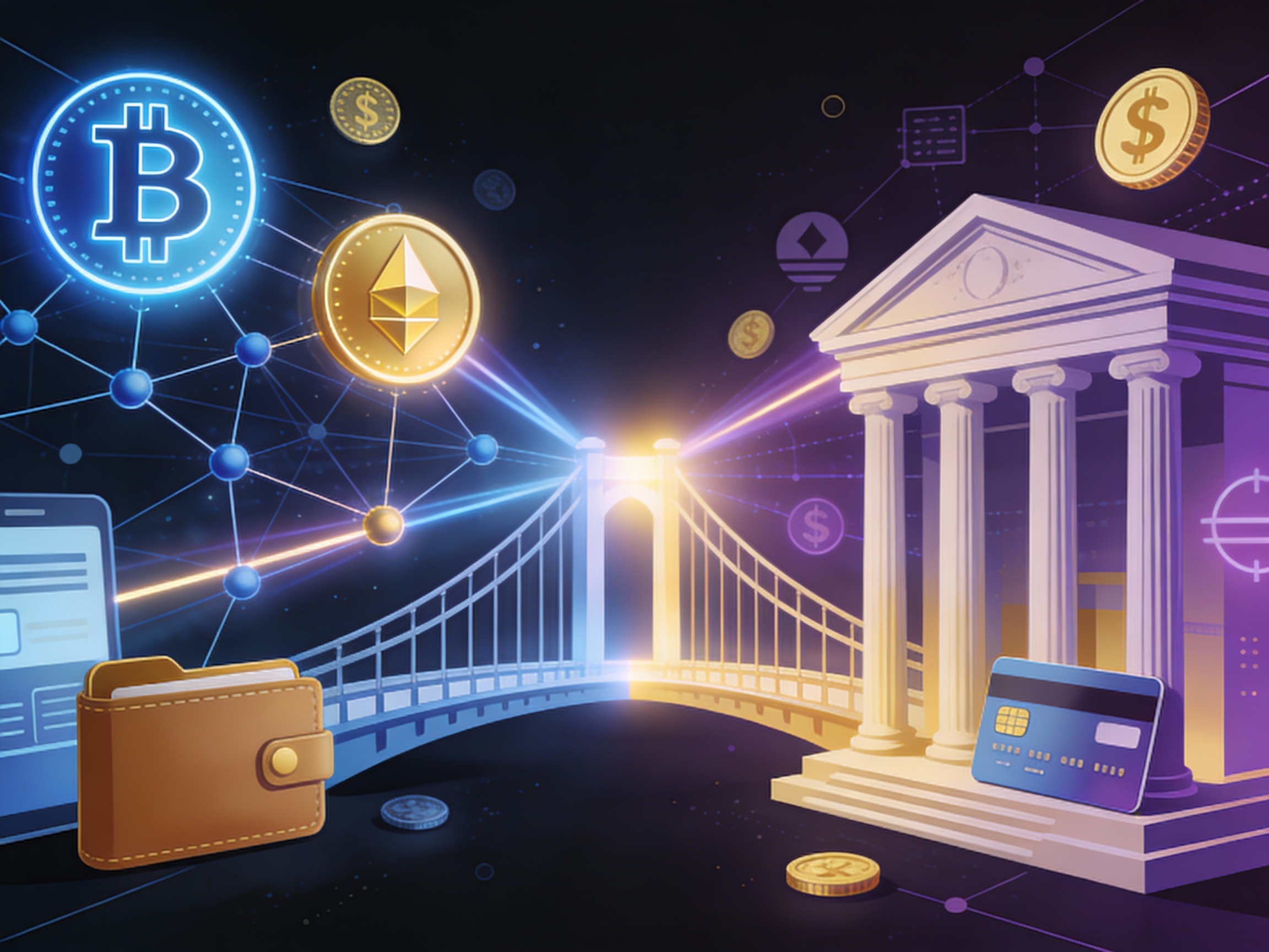 Illustration de la convergence entre cryptocurrency et banques - blockchain et finance traditionnelle